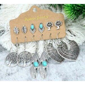 Earrings Antique Silver Look Tree Feather and Turquoise 6 pairs
